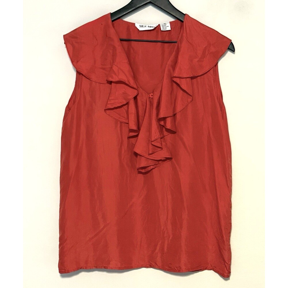 Silk Mist 100% Silk Sleeveless Blouse Sz S Coral Ruffle Boho Capsule Y2K